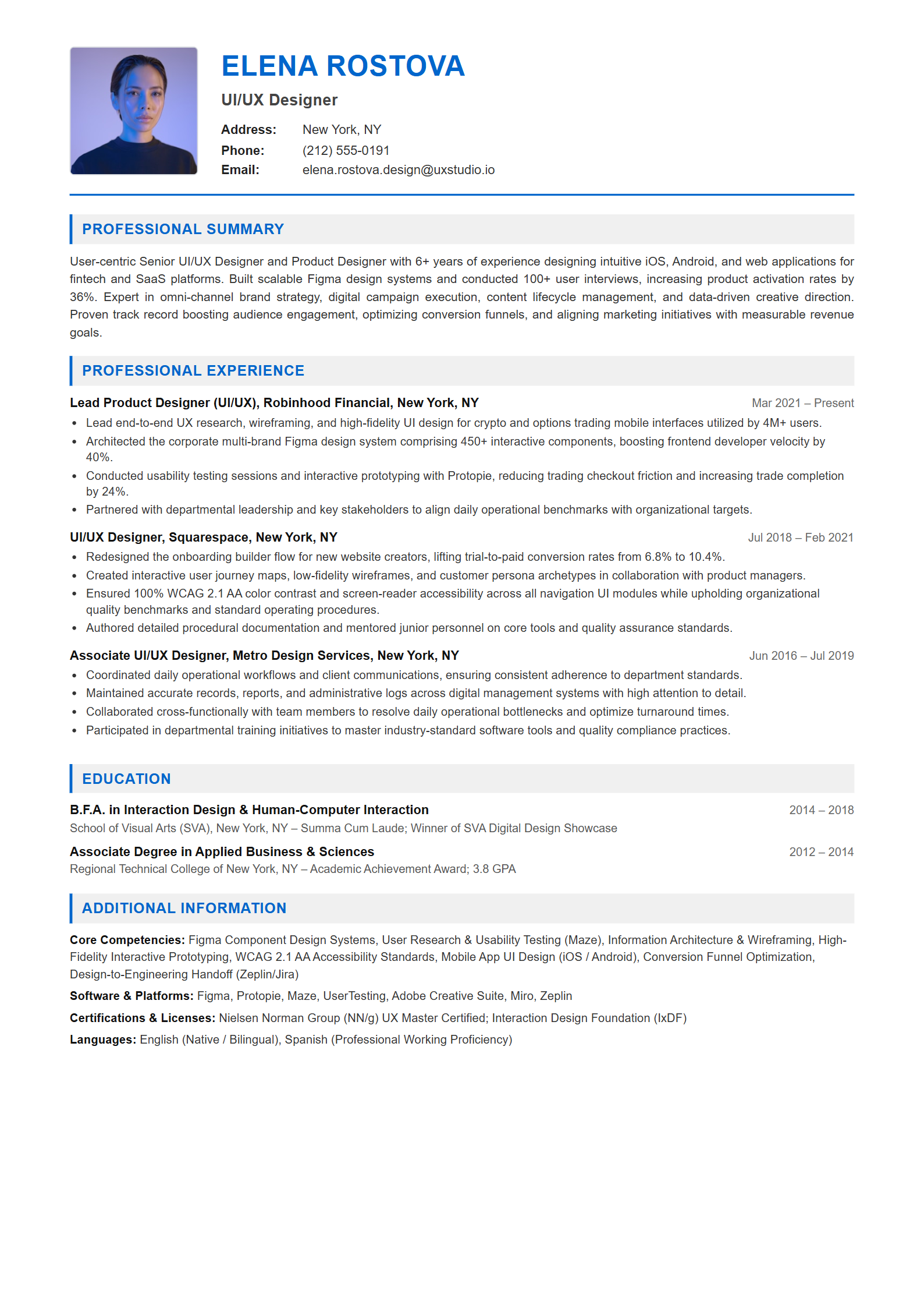 UI/UX Designer Resume Example (Template 107 - Executive Single-Page Format)