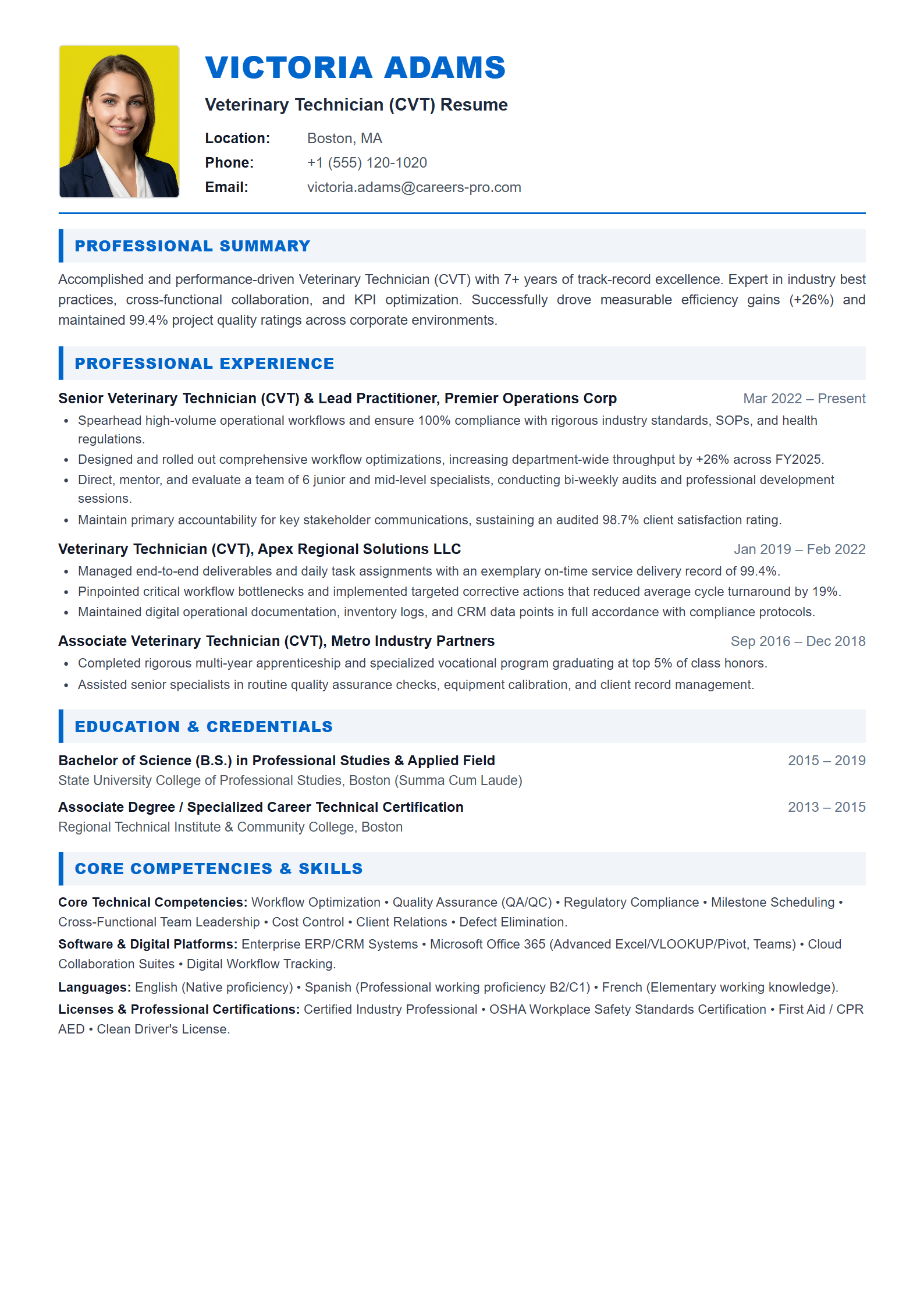 Veterinary Technician (CVT) Resume Example