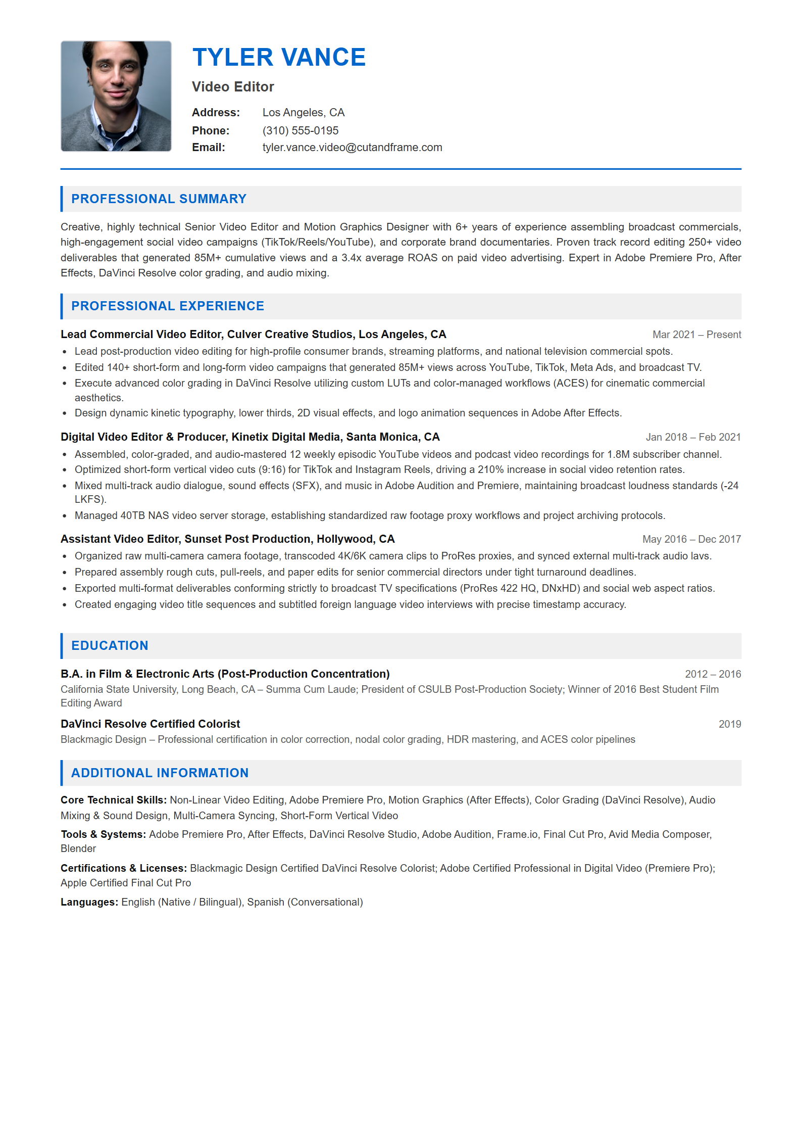 Video Editor Resume Example (Template 107 - Executive Single-Page Format)