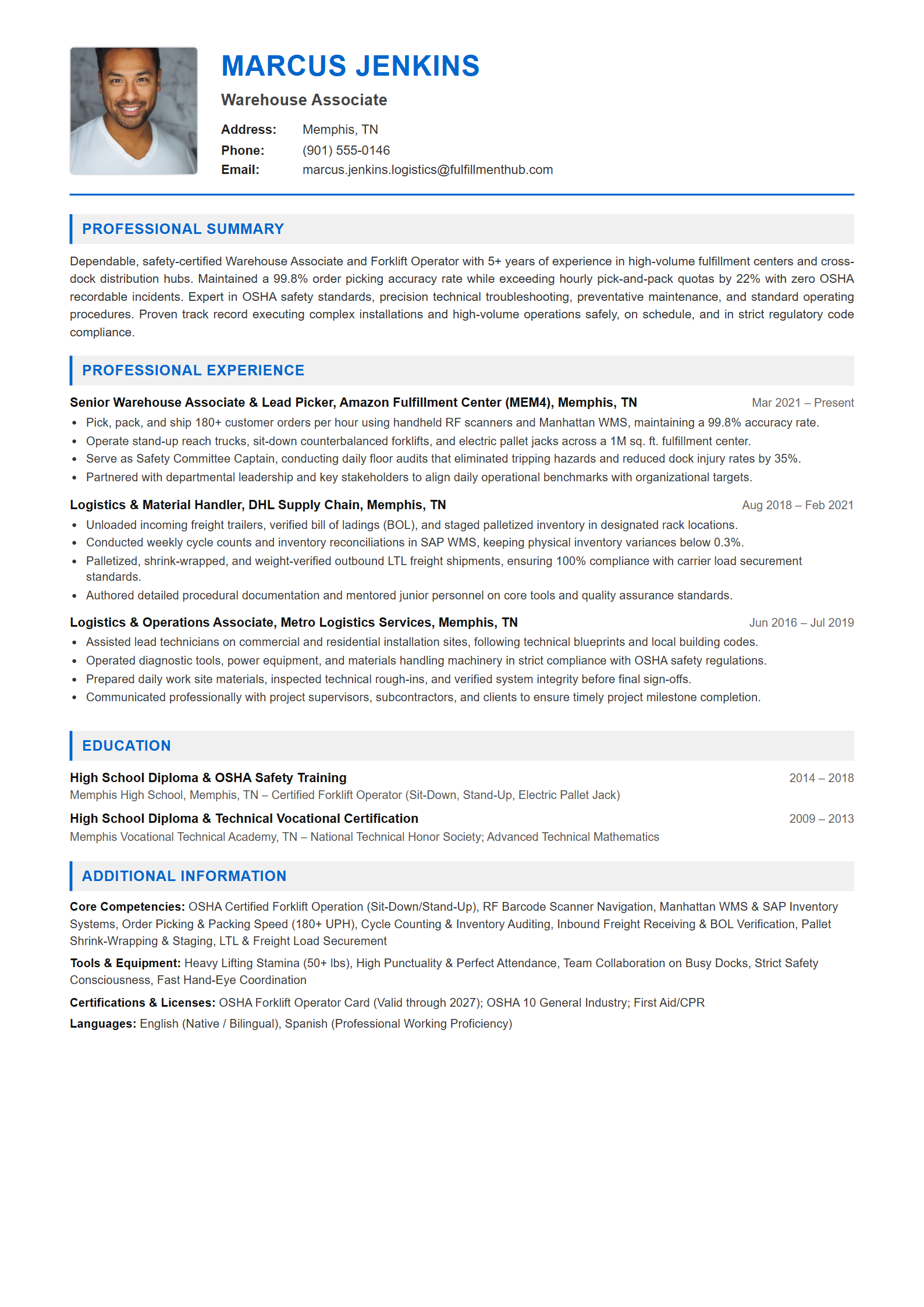 Warehouse Associate Resume Example (Template 107 - Executive Single-Page Format)