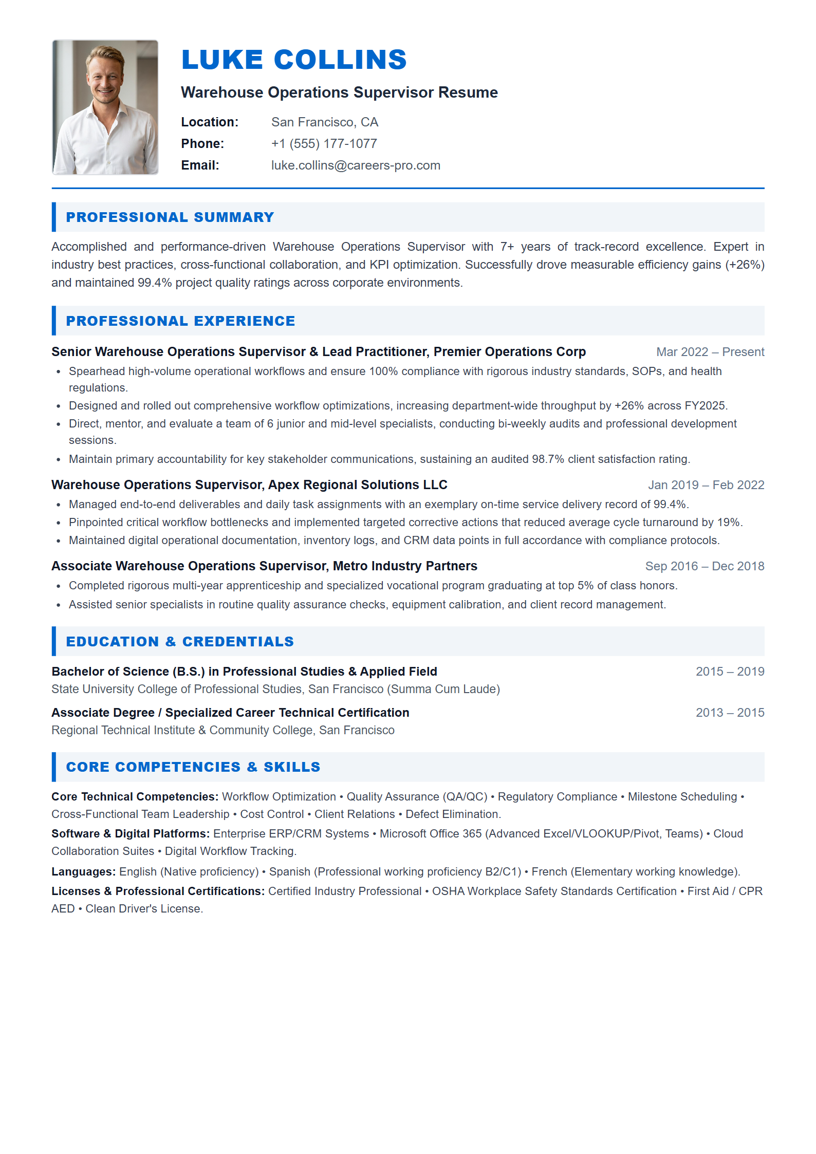 Warehouse Operations Supervisor Resume Example