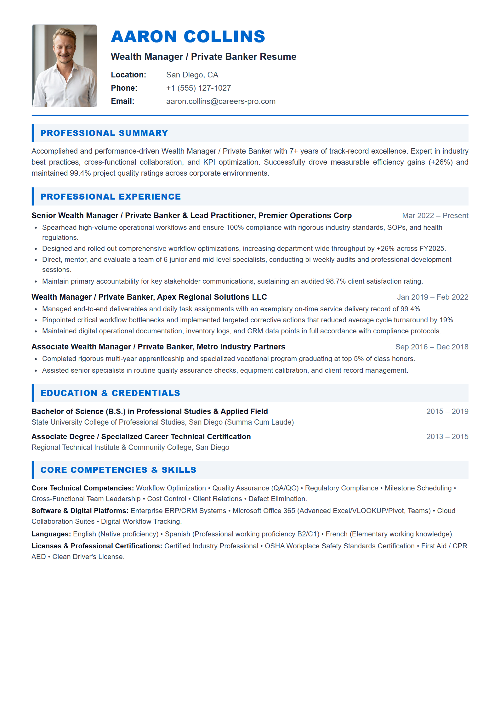 Wealth Manager / Private Banker Resume Example