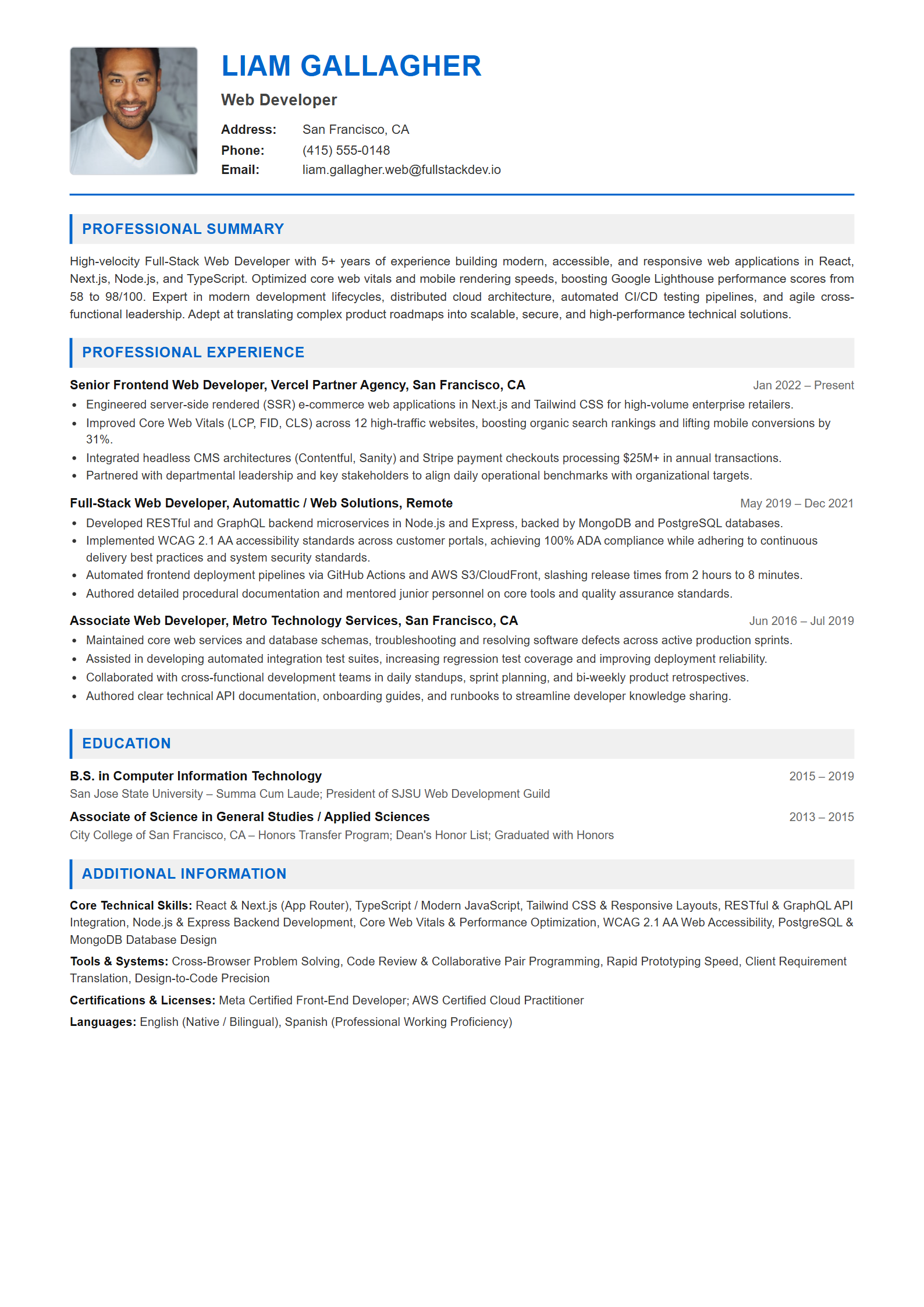 Web Developer Resume Example (Template 107 - Executive Single-Page Format)