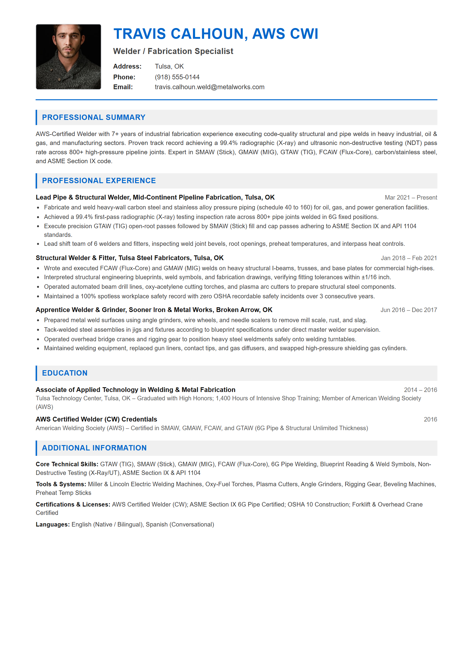 Welder / Fabrication Specialist Resume Example (Template 107 - Executive Single-Page Format)