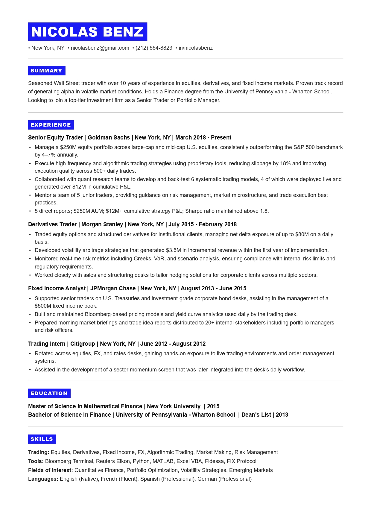Goldman Sachs resume template